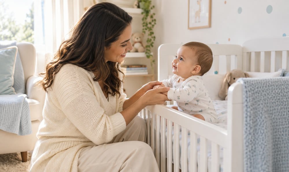 Mãe interagindo com seu bebê no quarto infantil