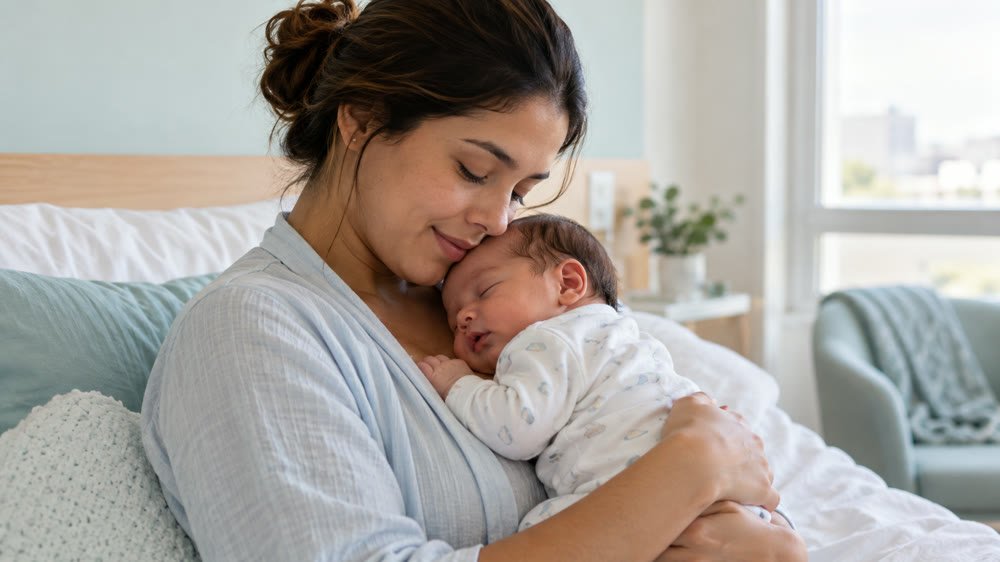 Mãe acolhendo seu bebê recém-nascido